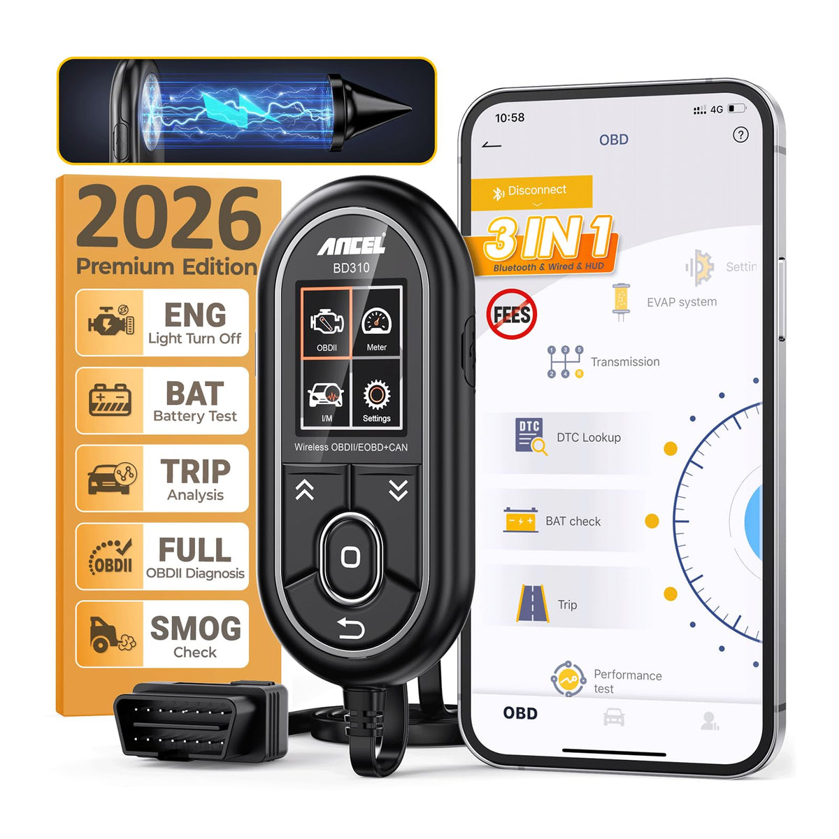 ANCEL BD310 front view showing device and ports for quick on-car diagnostics
