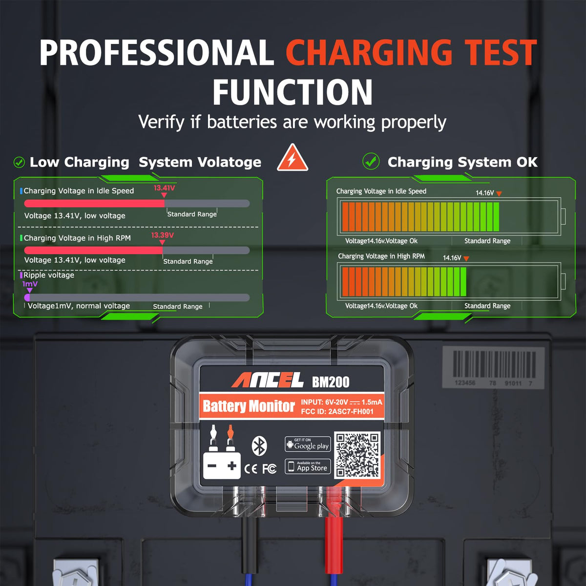 ANCEL BM200 mounted on a car battery with secure adhesive, reliable long-term monitoring
