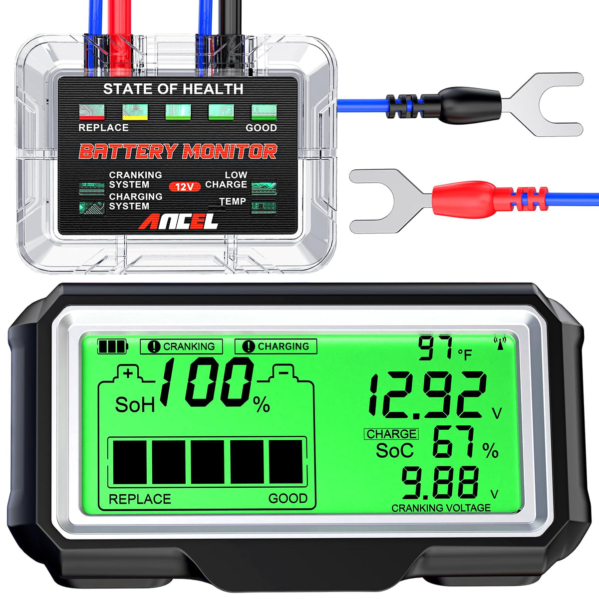 ANCEL BM200 PRO front display showing voltage and health percentage, quick condition check