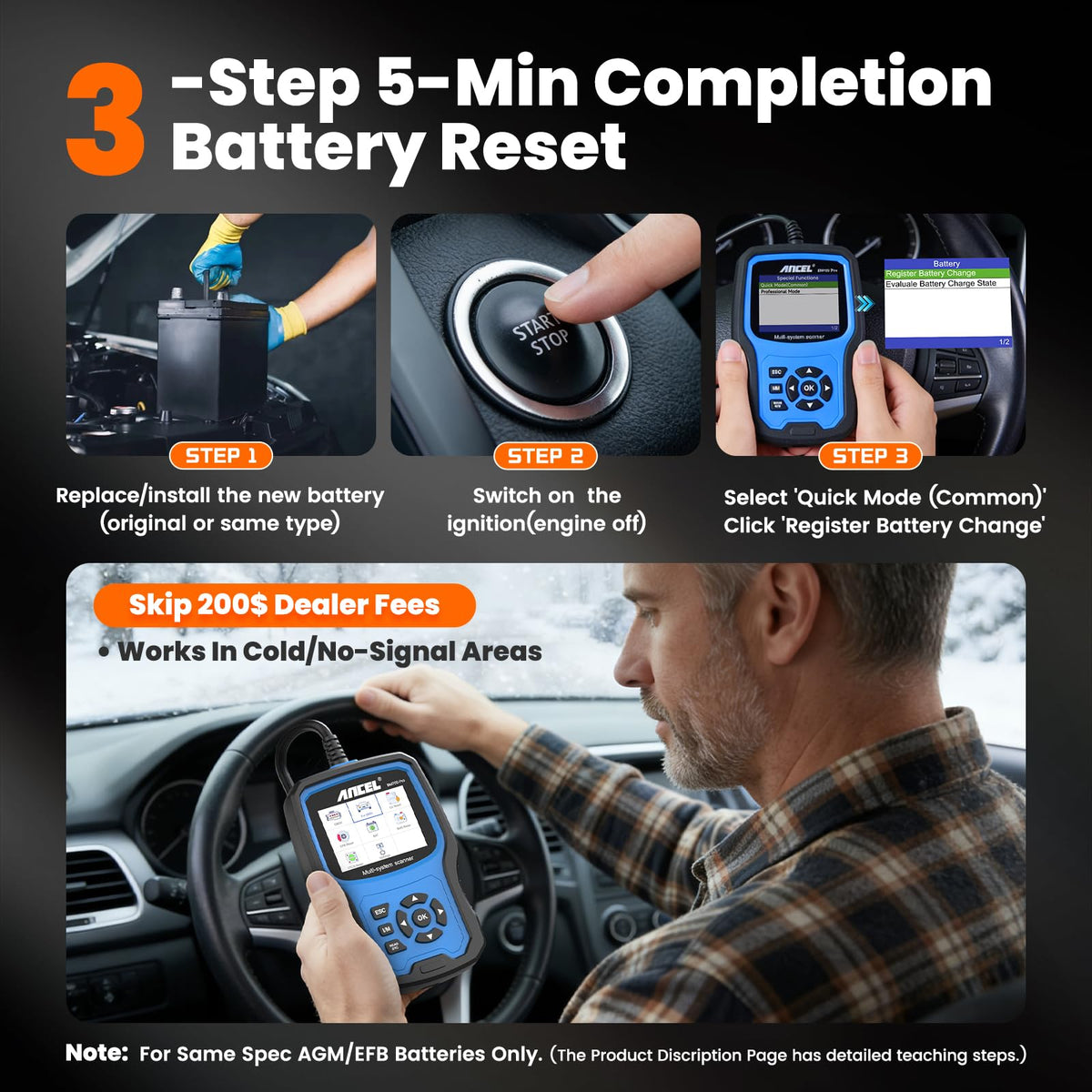ANCEL BM700 PRO guided battery registration screen, quick safe battery swaps benefit