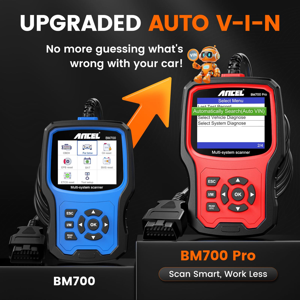 ANCEL BM700 PRO display close-up with menu, easy reading improves diagnostic speed