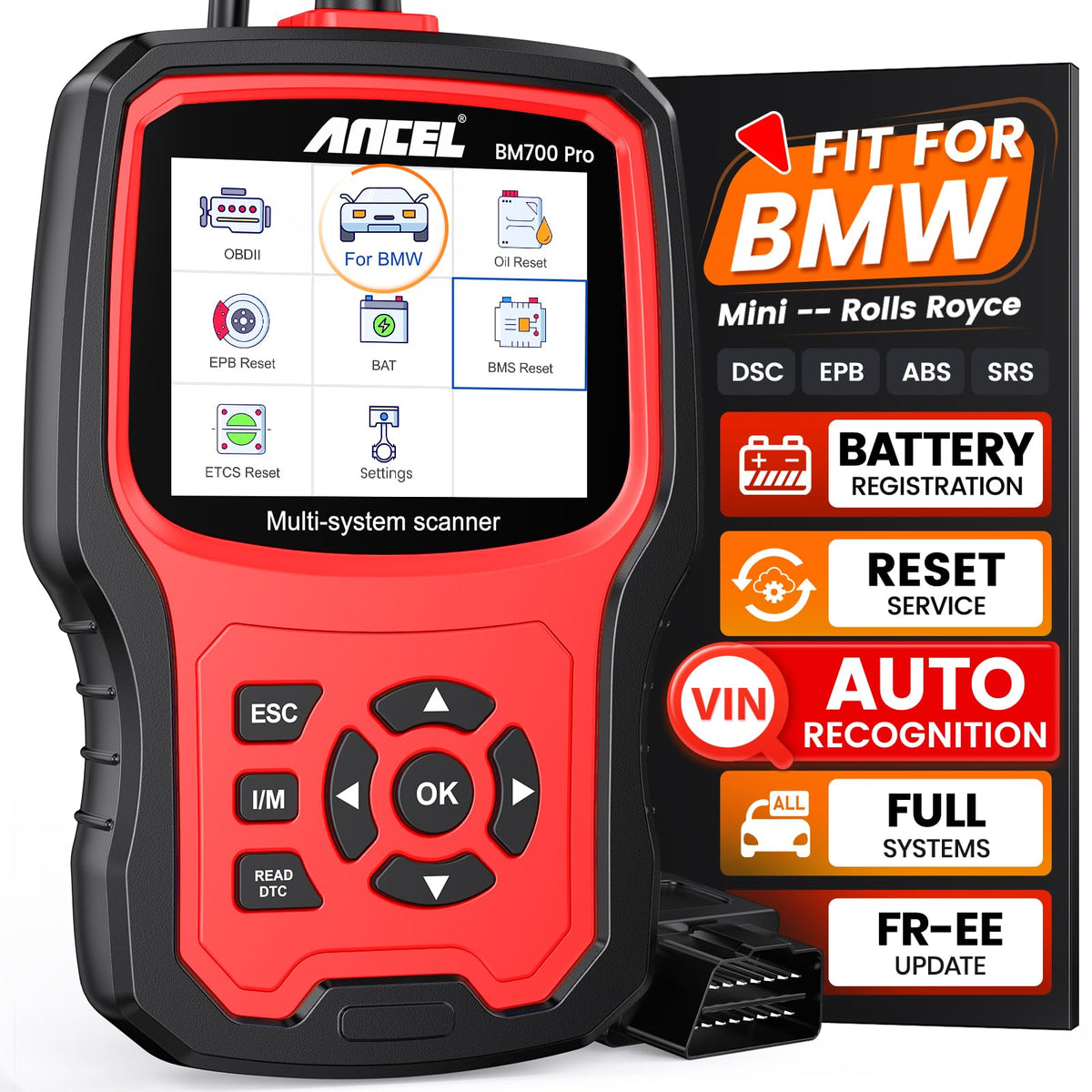 ANCEL BM700 PRO front view showing rugged case and connector, clear professional tool