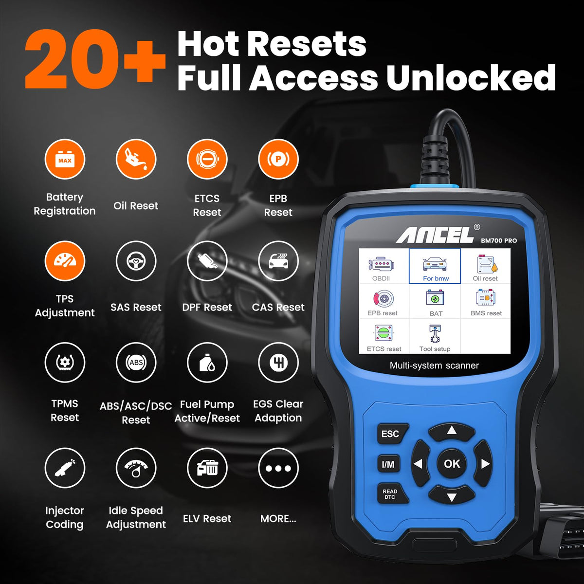 ANCEL BM700 PRO feature infographic showing 20+ services, cost-saving maintenance benefit