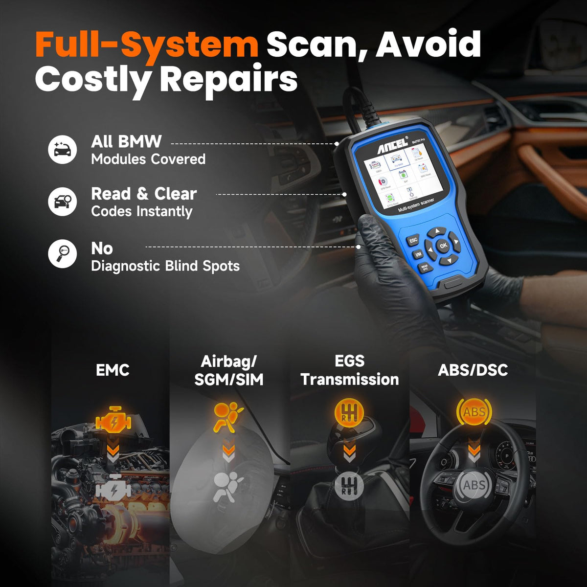 ANCEL BM700 PRO live-data display streaming coolant and fuel info, early issue detection benefit