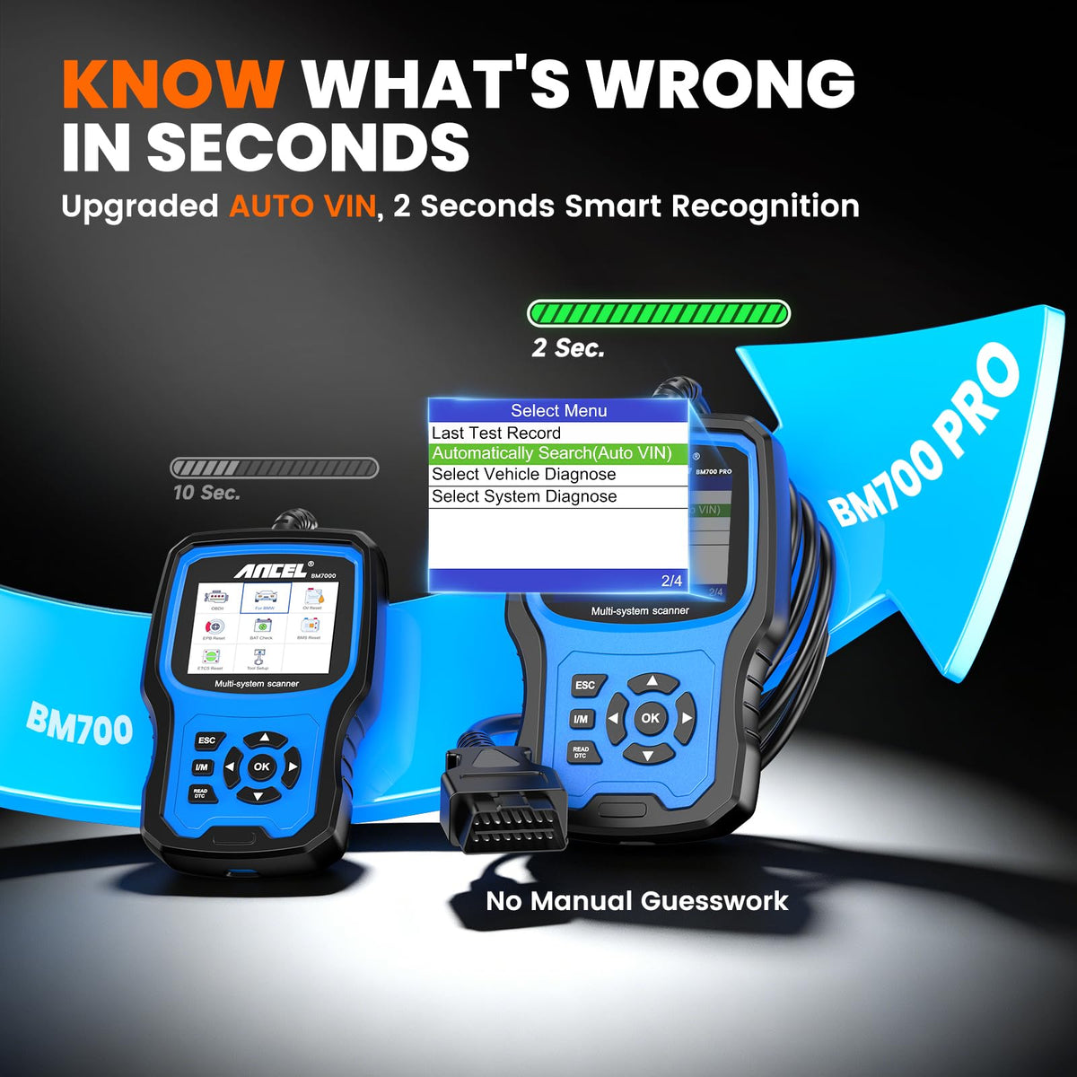 ANCEL BM700 PRO screen close-up with vehicle VIN detected, accurate identification benefit