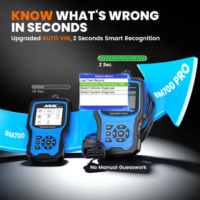 ANCEL BM700 PRO screen close-up with vehicle VIN detected, accurate identification benefit