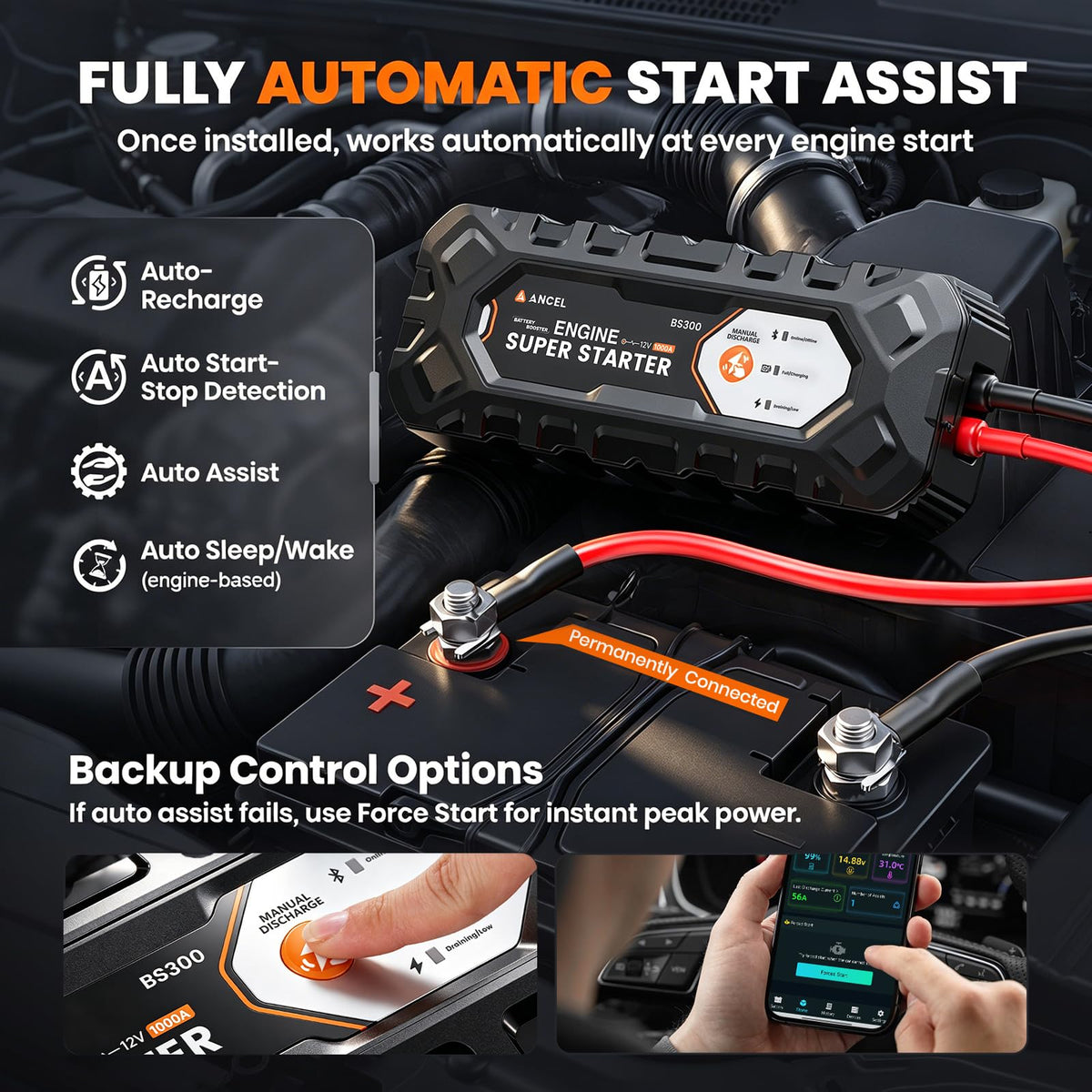 ANCEL BS300 companion app dashboard screenshot offering battery monitoring benefits