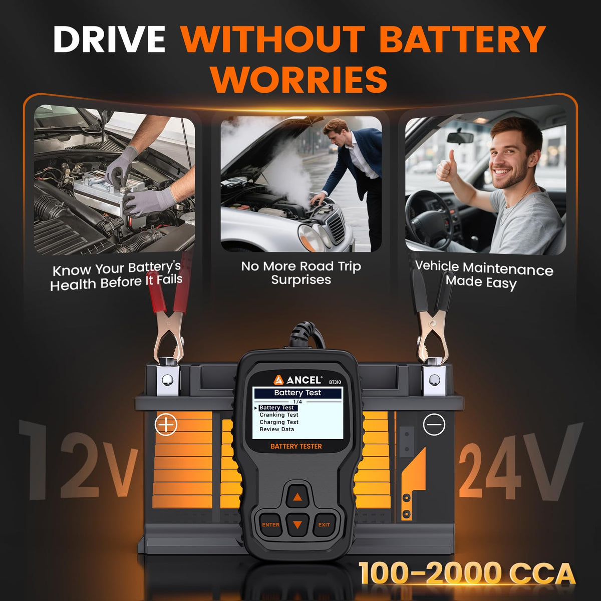 ANCEL BT310 testing a car battery providing quick health diagnosis
