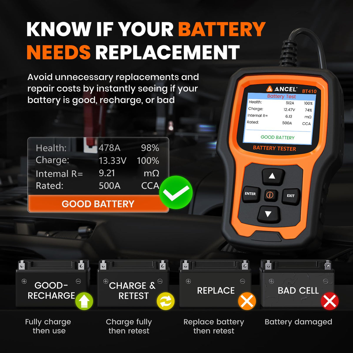 ANCEL BT410 performing cranking test to identify starter or battery issues