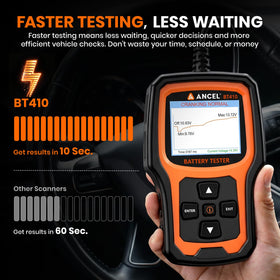 ANCEL BT410 connected to a car battery diagnosing health and charge