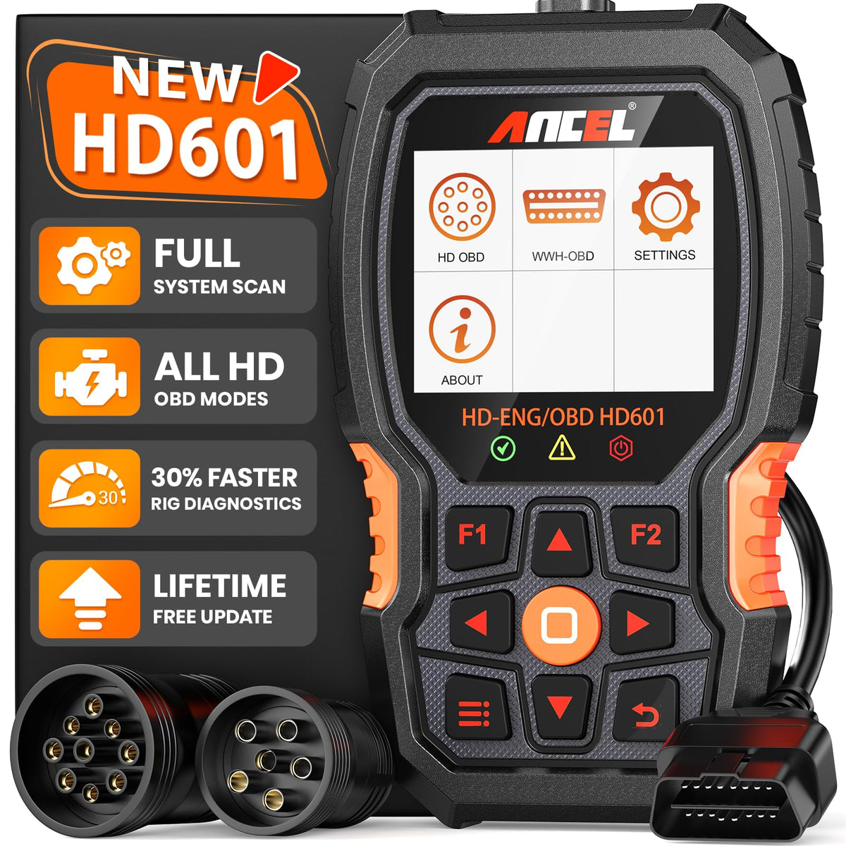ANCEL front view of HD601 scanner showing rugged housing and screen, benefits fast diagnostics