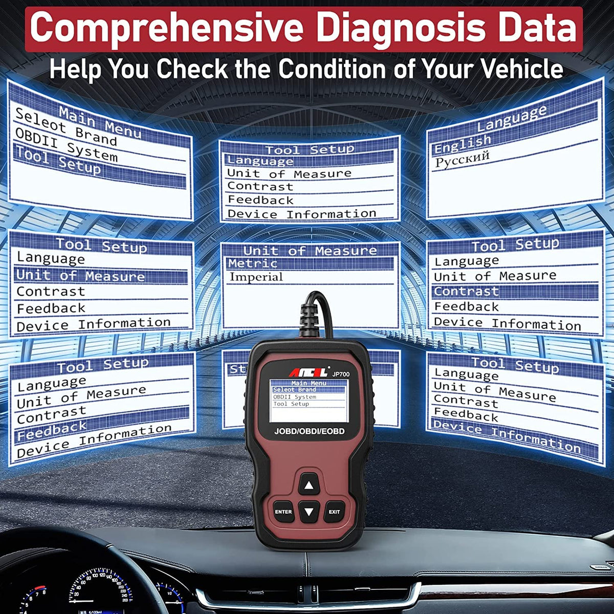 ANCEL JP700 plugged into car OBD port while diagnosing, saves workshop trips