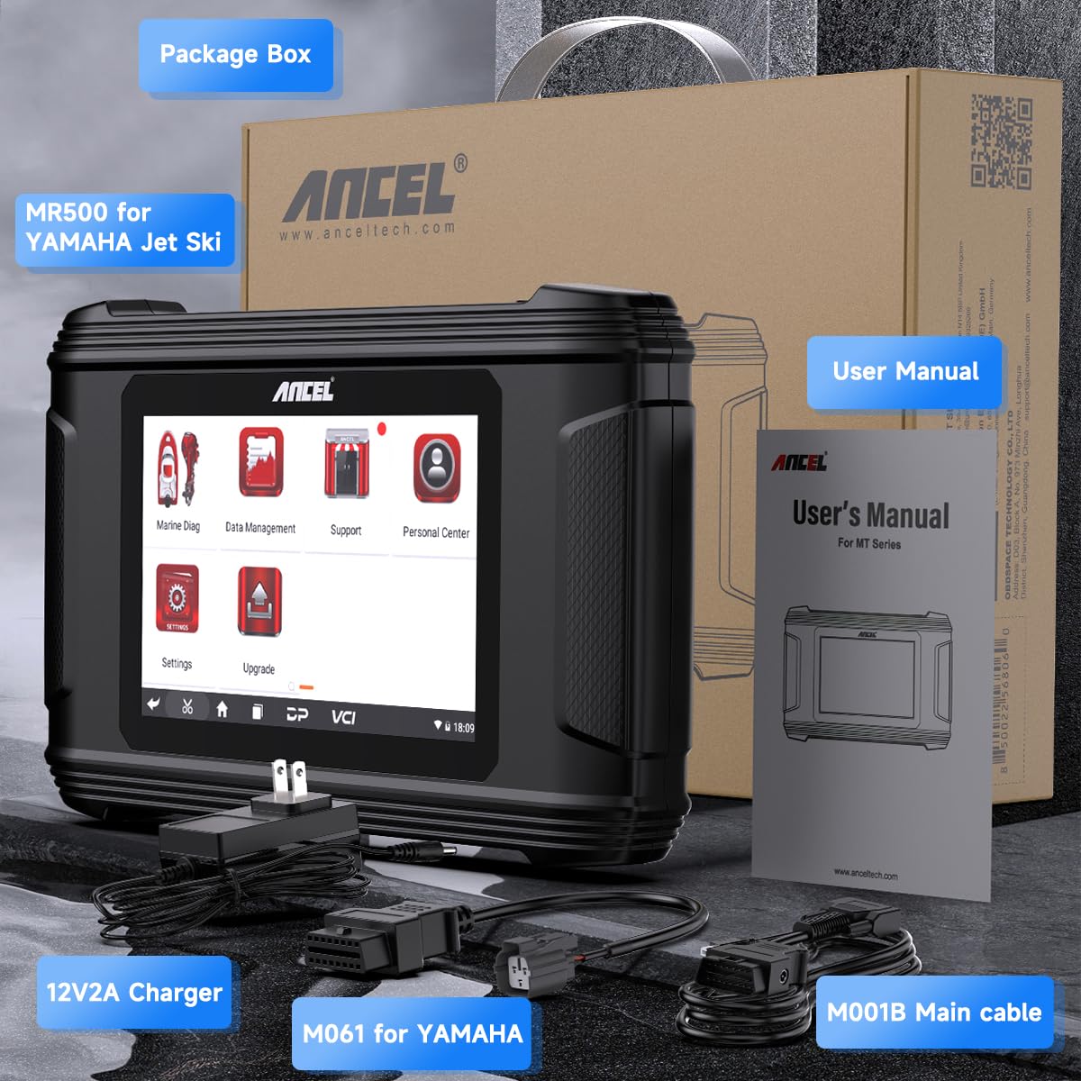 ANCEL MR500 packaging with cable set showing included connectors for compatibility
