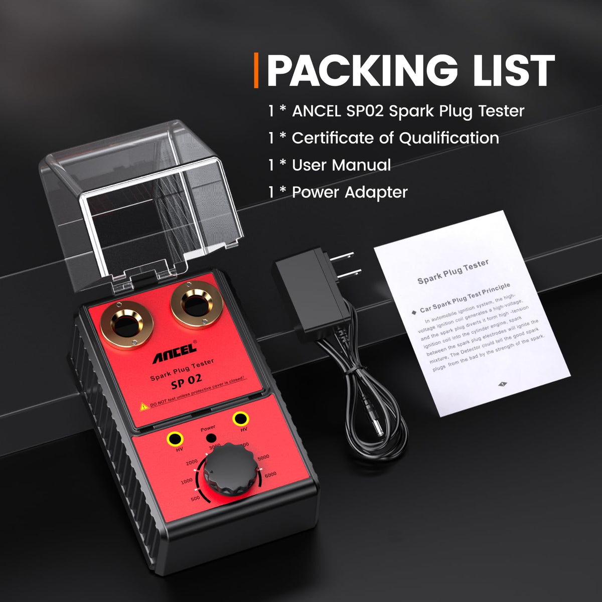 ANCEL retail box and manual indicating included components and instructions