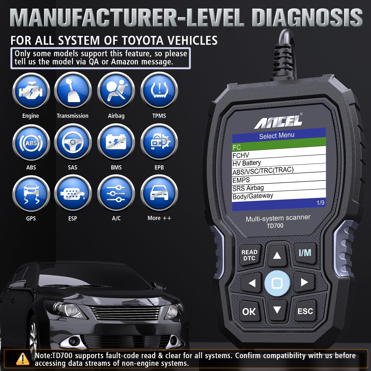 ANCEL TD700 OBD2 16-pin connector detail showing reliable plug fit benefit
