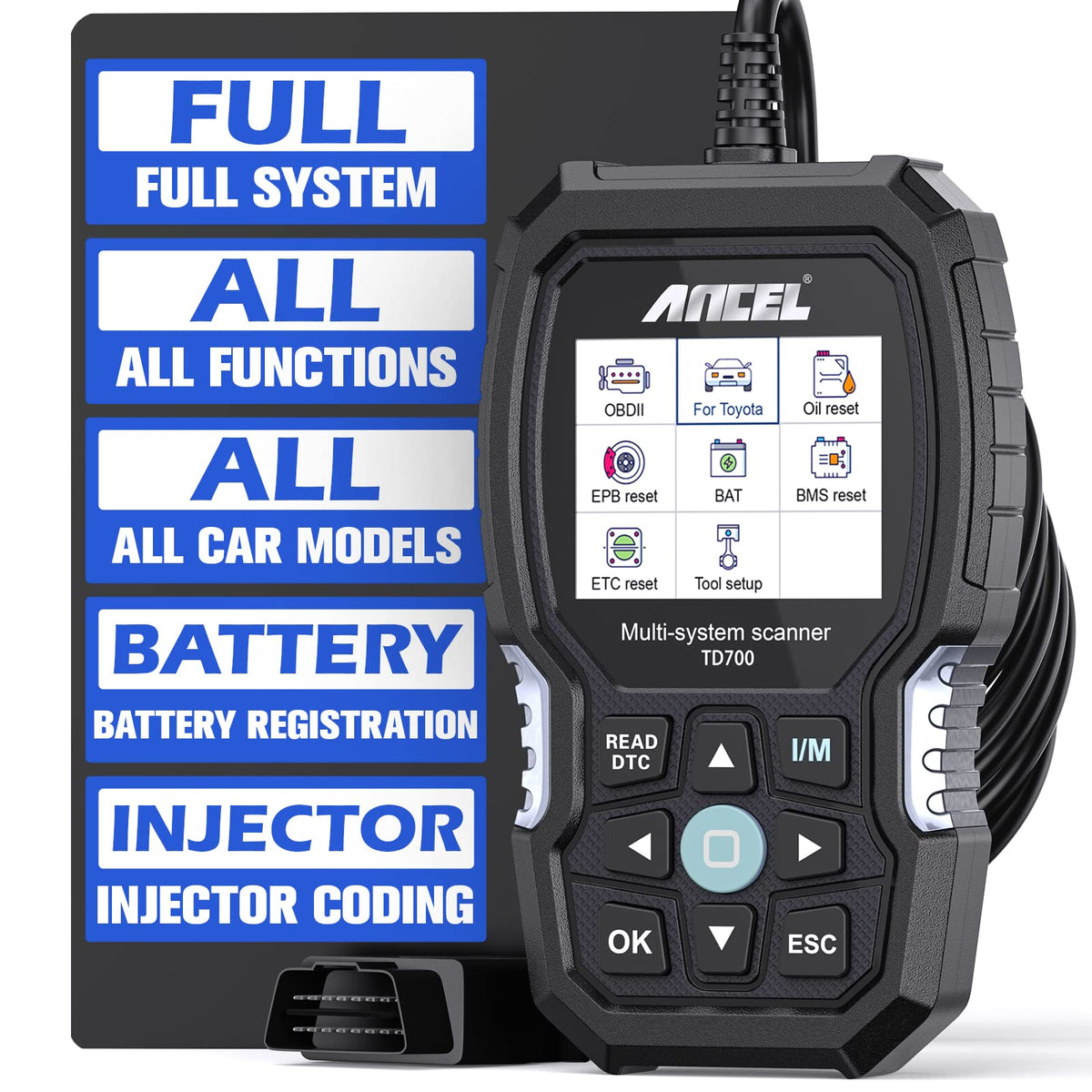 ANCEL TD700 front view showing device and buttons for clear diagnostics