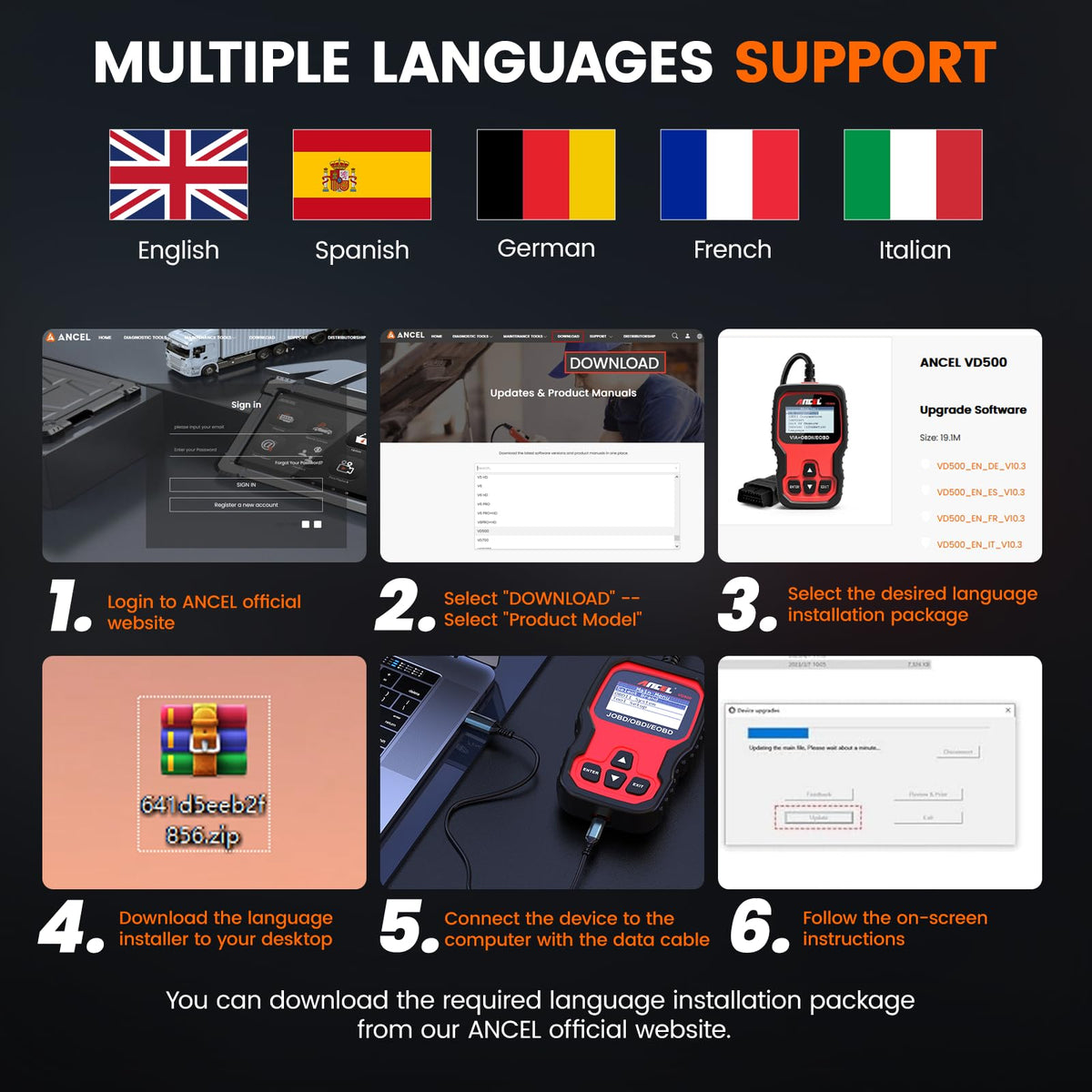 ANCEL VD500 box and accessories illustrating complete kit reliability