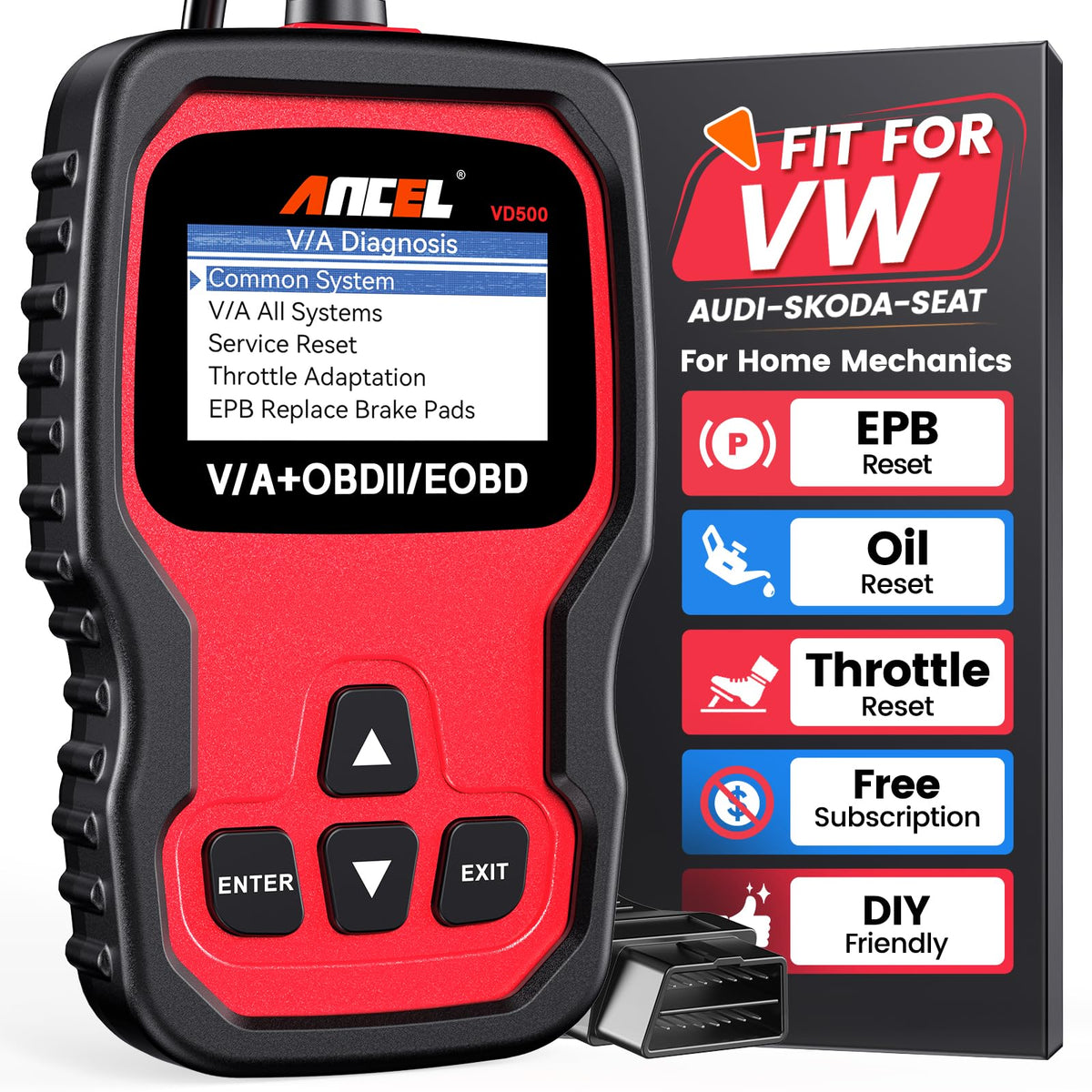 ANCEL VD500 front view showing device and benefits clear diagnostics