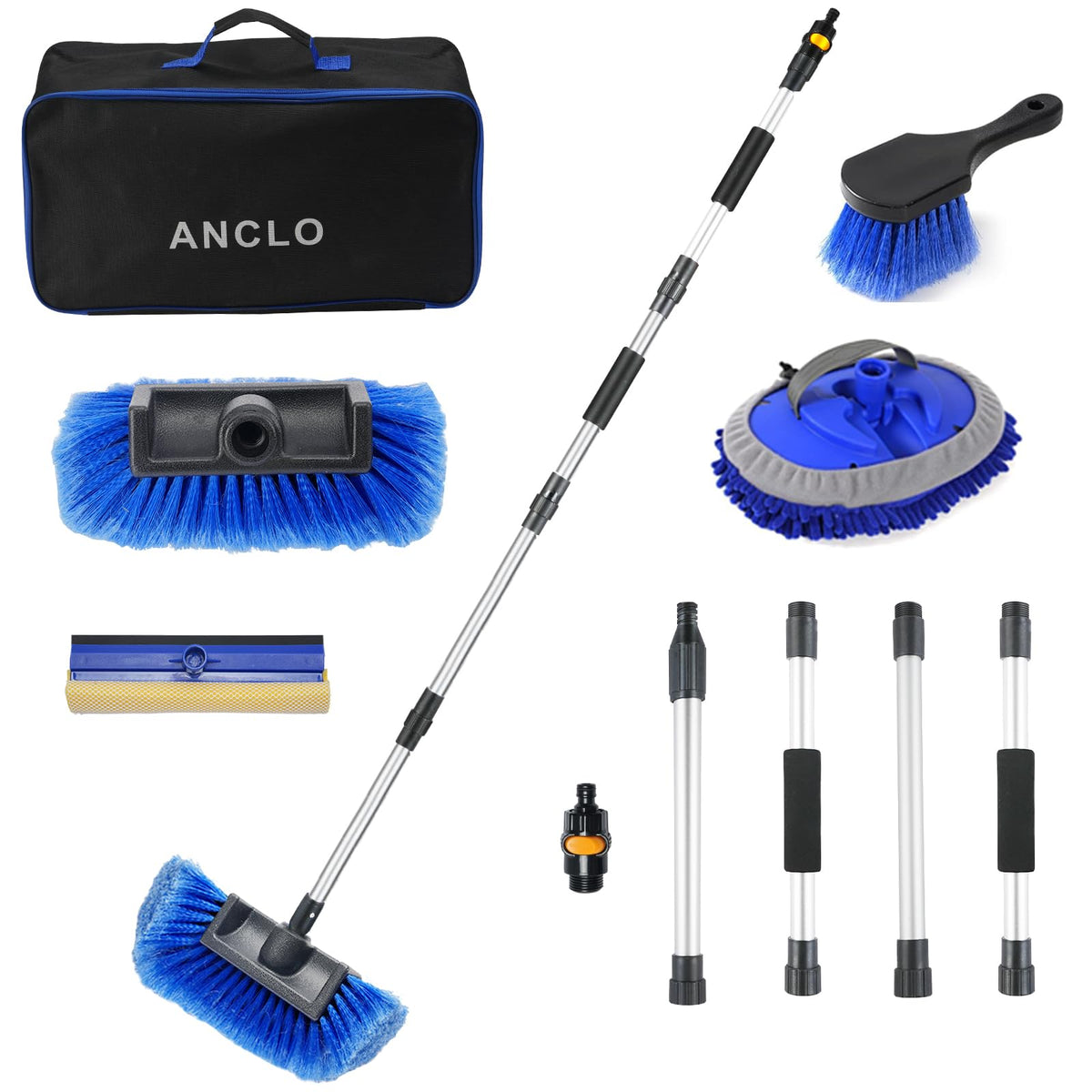 ANCLO lifestyle scene washing RV roof from ground showing safer, ladder-free cleaning