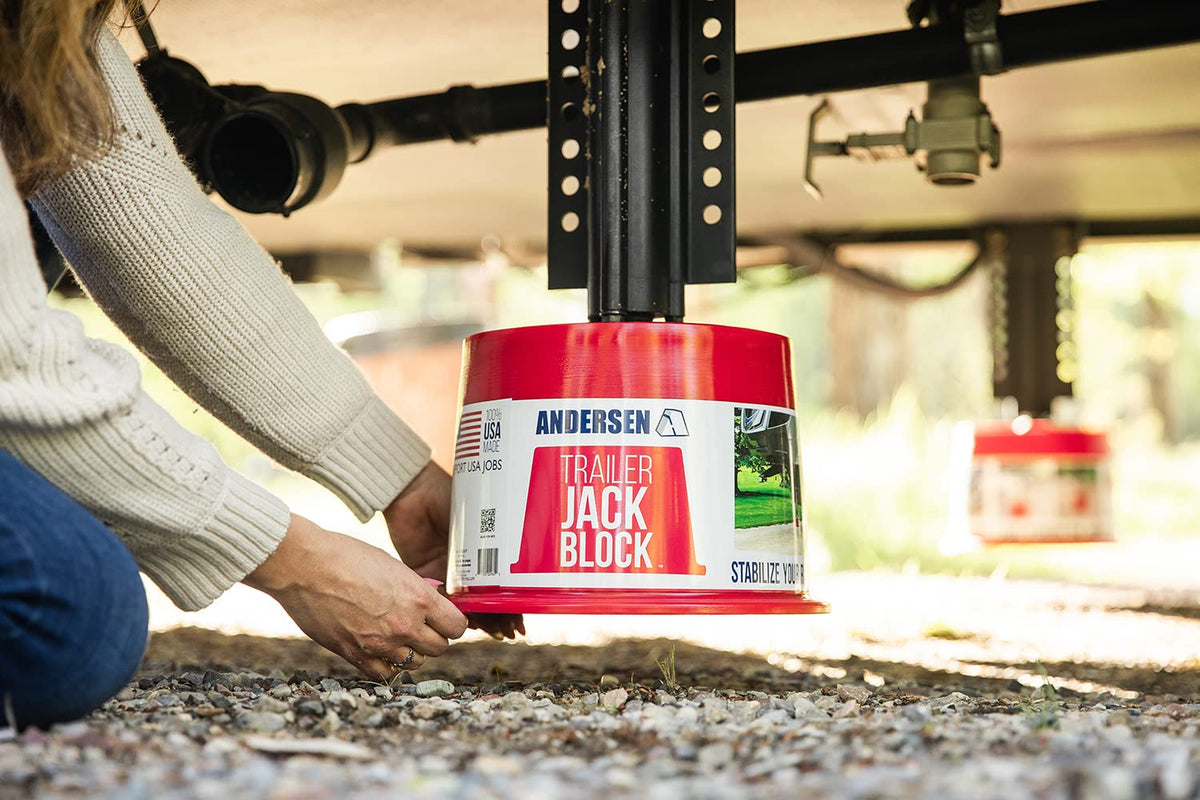 Andersen Hitches blocks installed under trailer jack demonstrating secure support