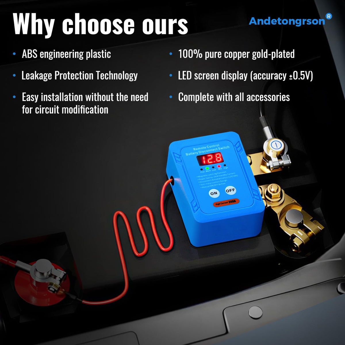 Andetongrson remote controls in hand providing quick anti-theft power cut benefit