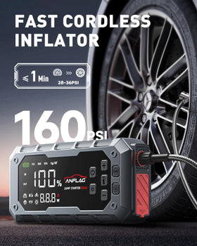 ANFLAG inflator 3.3-inch LCD closeup showing pressure readout and benefits