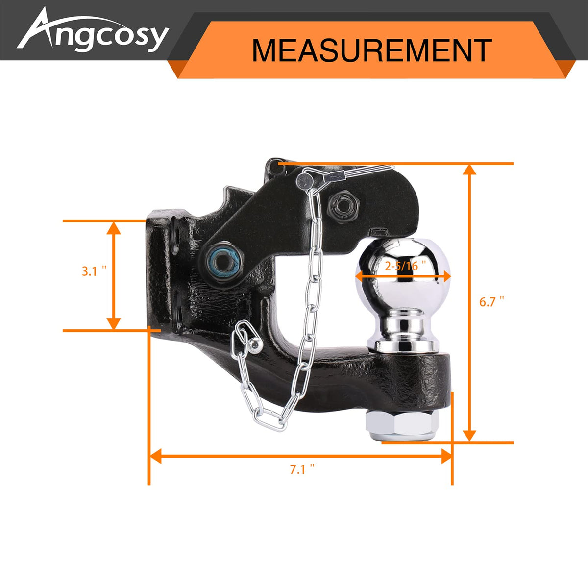 ANGCOSY close-up of 2-5/16 inch hitch ball chrome finish for corrosion resistance