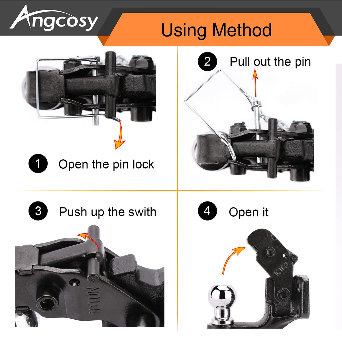 ANGCOSY pintle hook beside ruler showing mounting hole spacing for accurate fitment