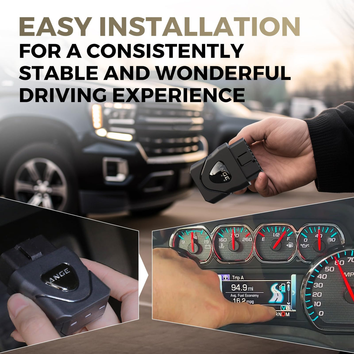 ANGE ELEC AG001 installed in a truck OBDII port demonstrating simple in-vehicle setup
