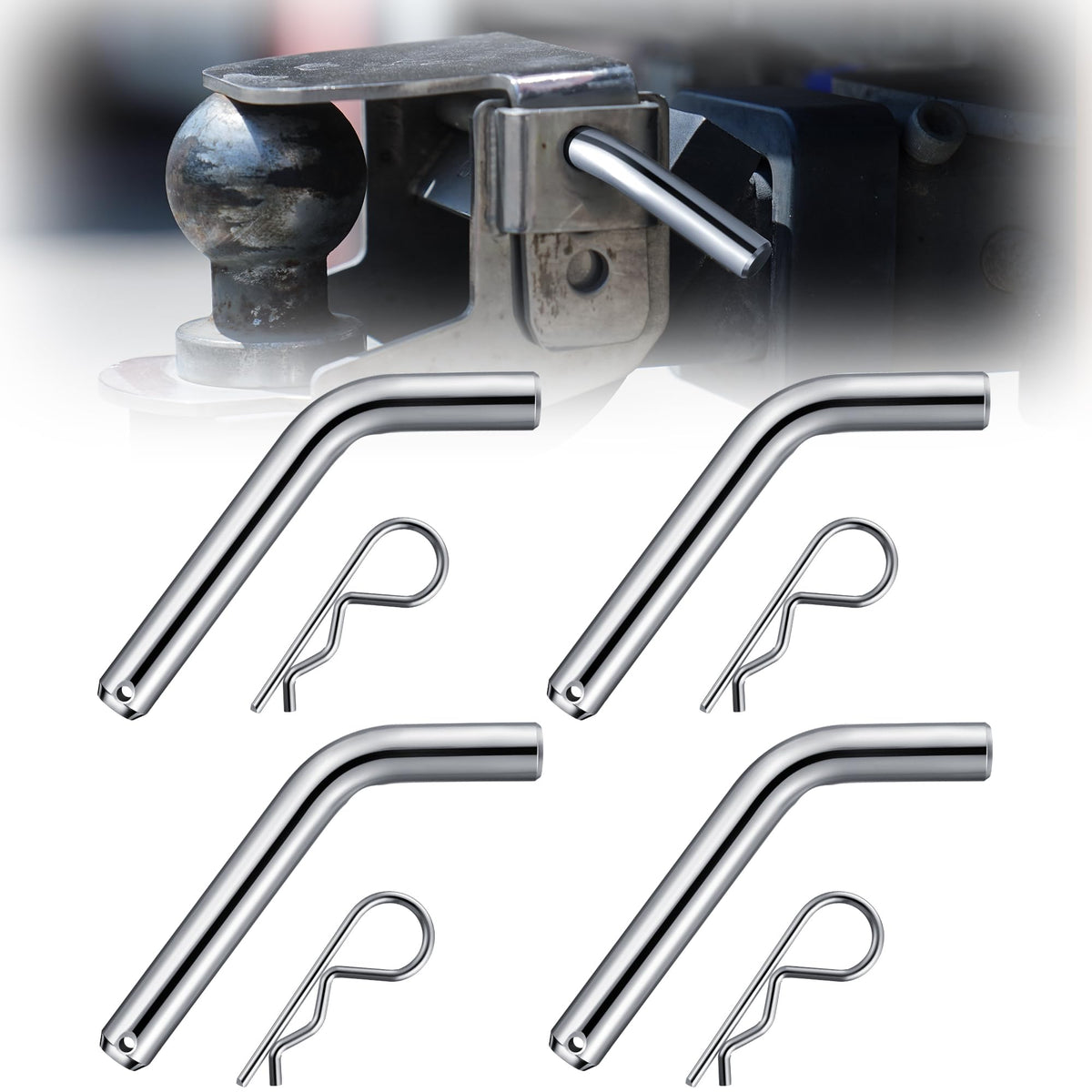 Anglechic pins in use on a trailer hitch illustrating safe towing setup