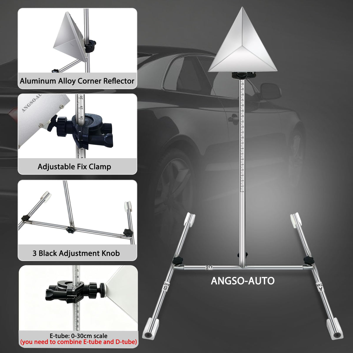 ANGSO-AUTO reflector mounted near vehicle during calibration to demonstrate use