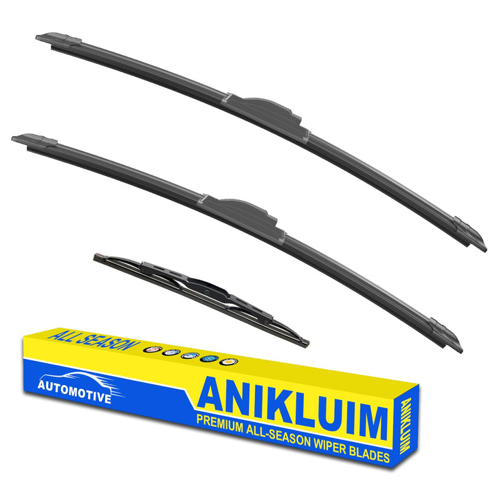 ANIKLUIM front wiper blades pack showing included 28" pair and 16" rear benefits clear fit