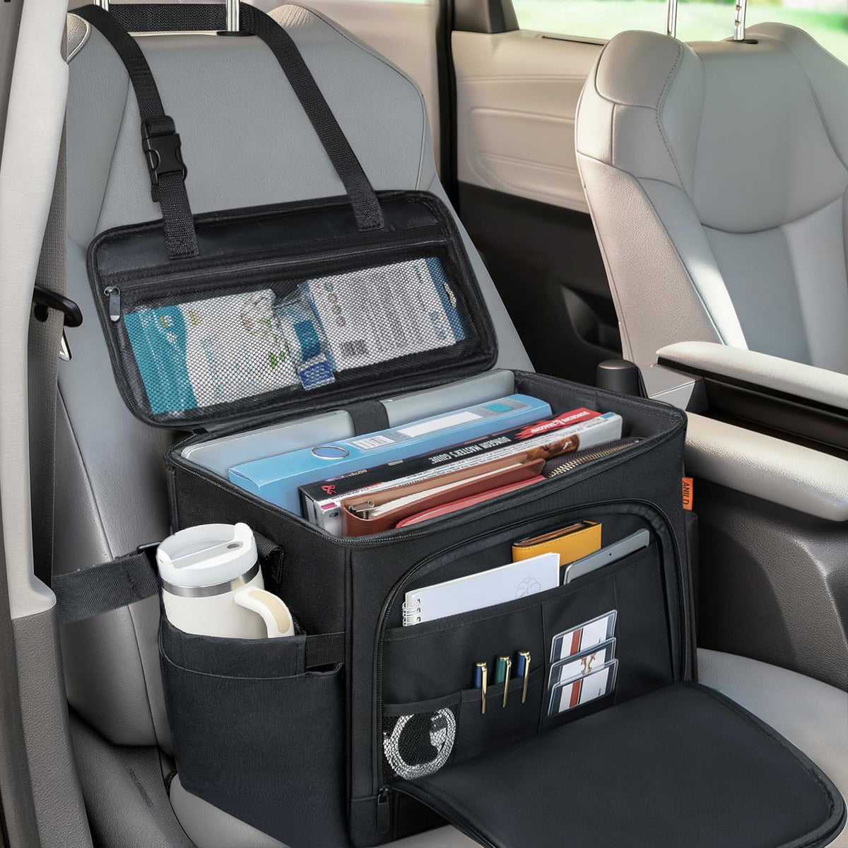ANILD front seat organizer front view showing organized compartments and neat storage