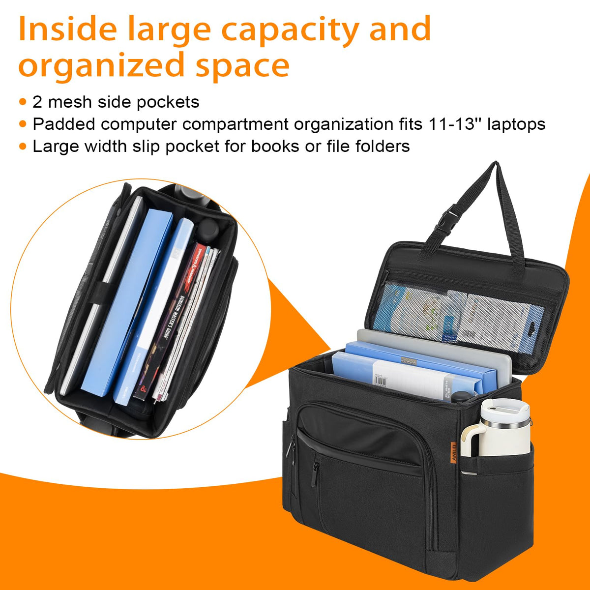 ANILD side view highlighting bottle and umbrella pocket for spill-safe storage