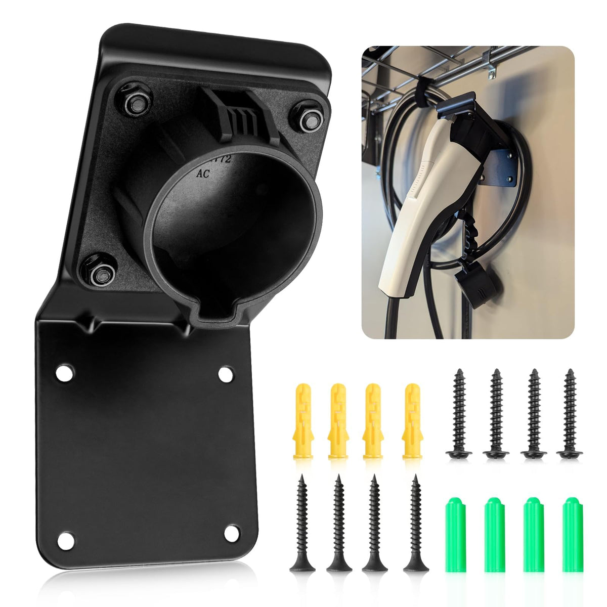 Anina front view mounted holder showing clean organized J1772 storage and space saving