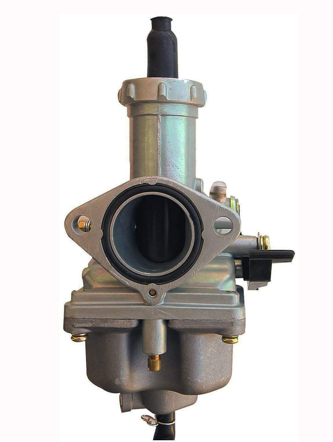 Aniro Moto carburetor float bowl closeup showing machining and serviceable jet access