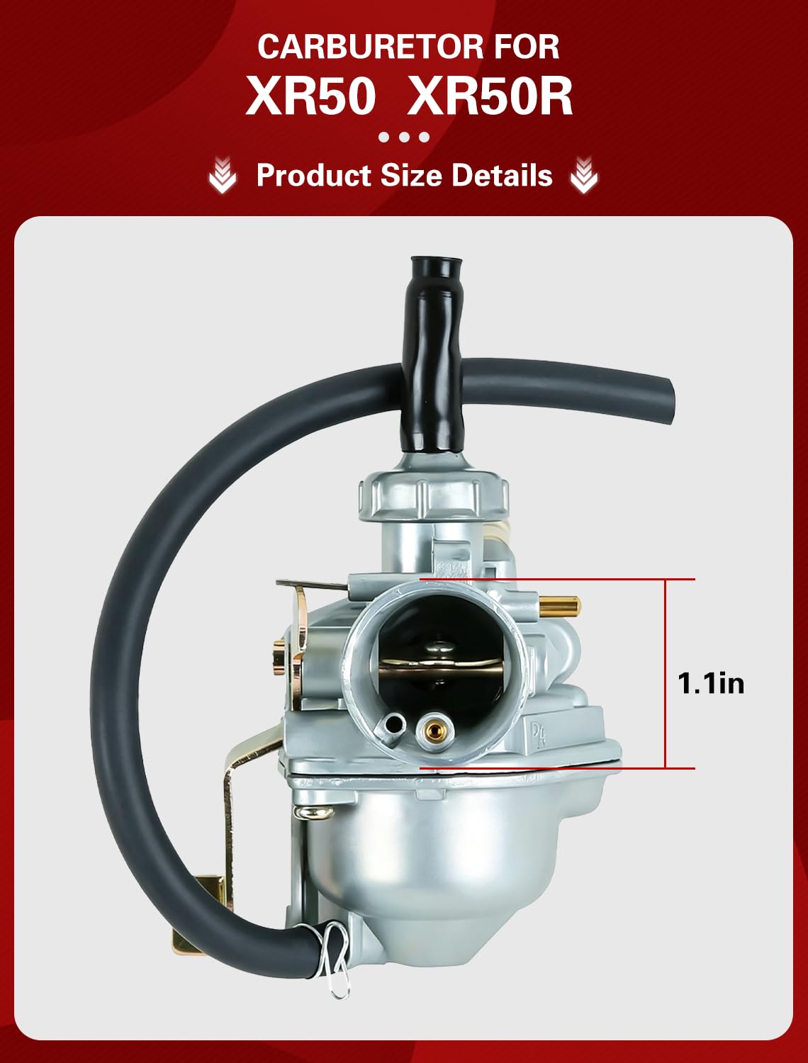Aniro Moto carburetor fuel inlet closeup showing secure connection benefit