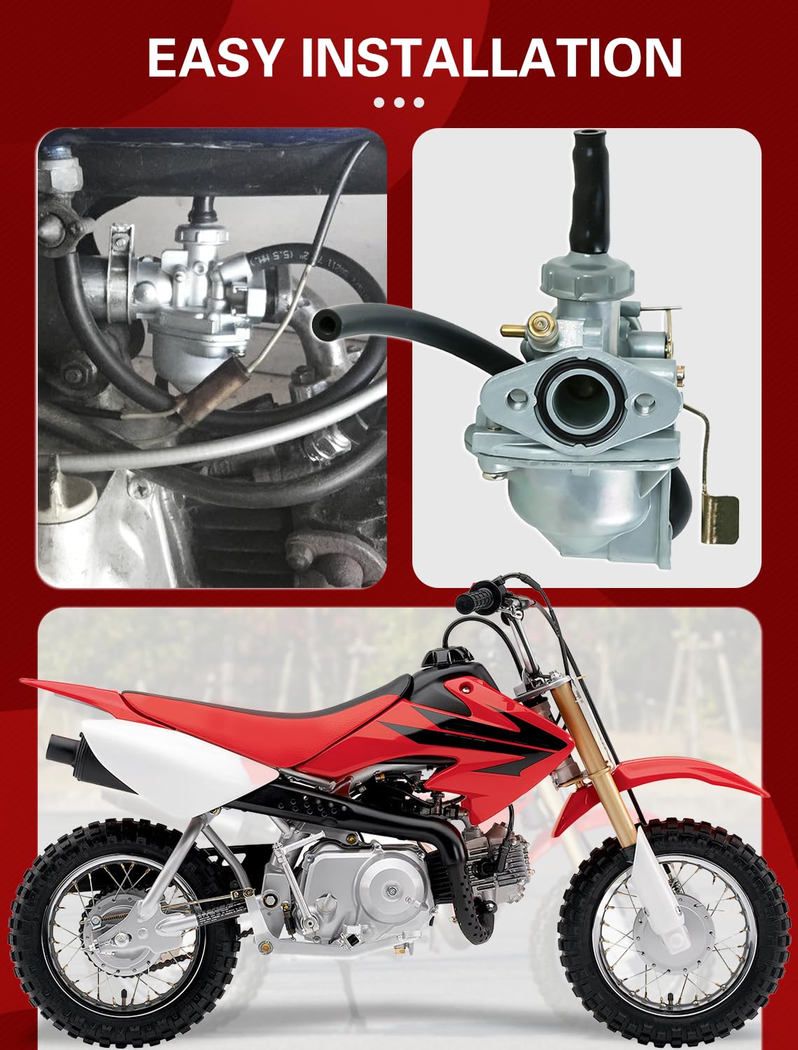 Aniro Moto carburetor installed on CRF50 demonstrating correct alignment benefit