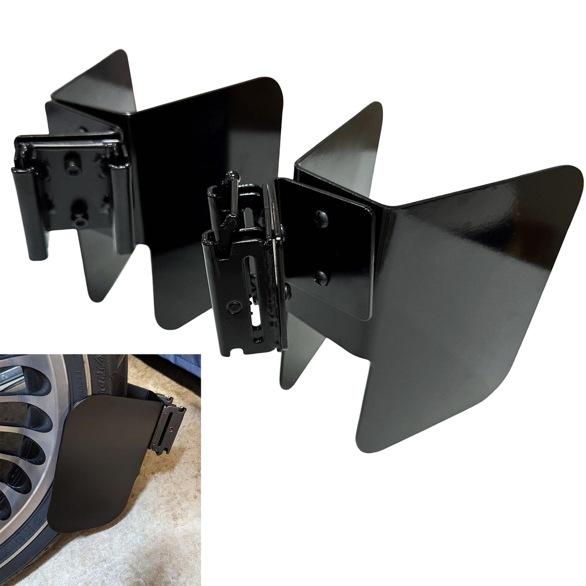 ANISUN front view of E-Track wheel chock showing secure wheel cradle for stable transport