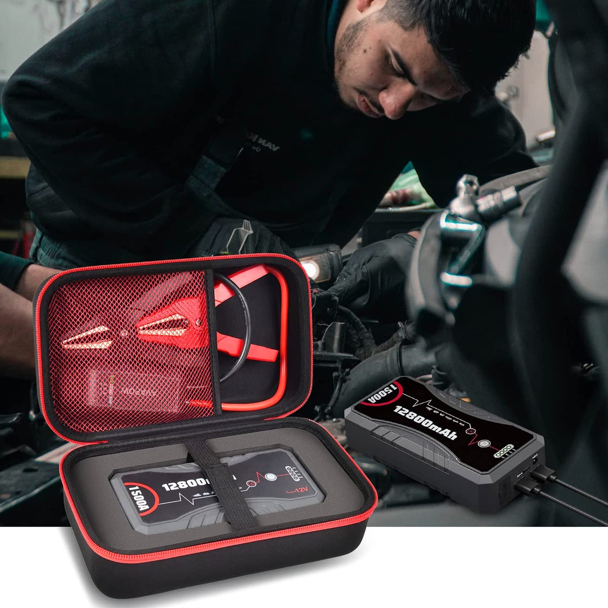 ANKHOH jump starter seated in foam demonstrating secure transport