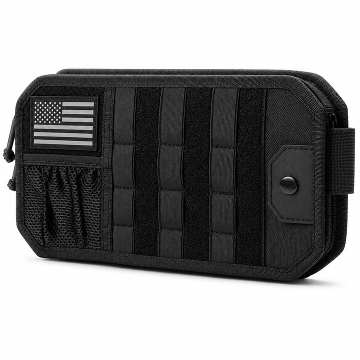 ANMUXI front view of visor organizer showing pouch and straps for easy access