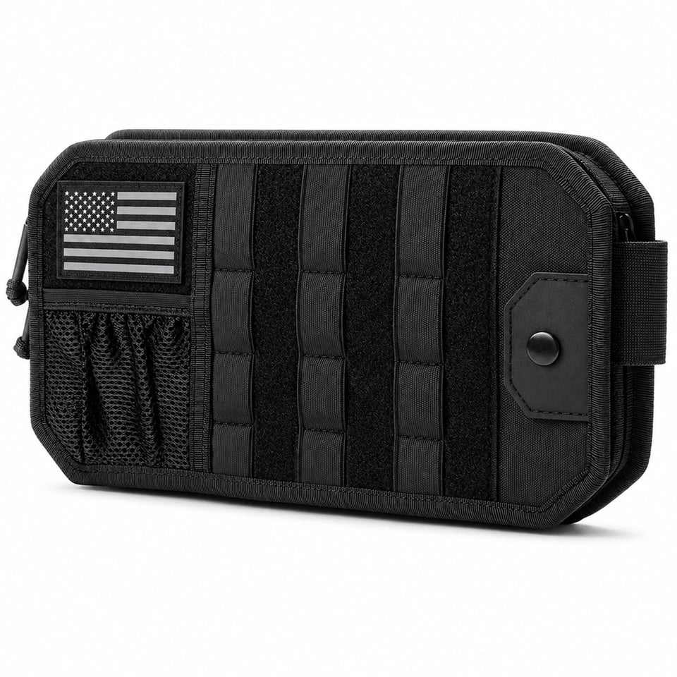 ANMUXI front view of visor organizer showing pouch and straps for easy access