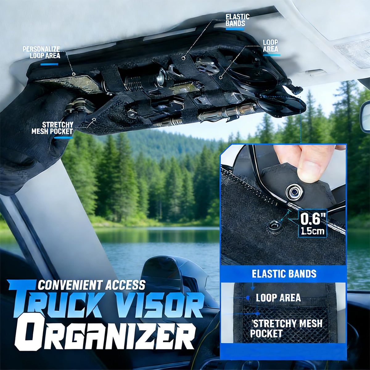 ANMUXI installed on car visor demonstrating tidy overhead storage benefit