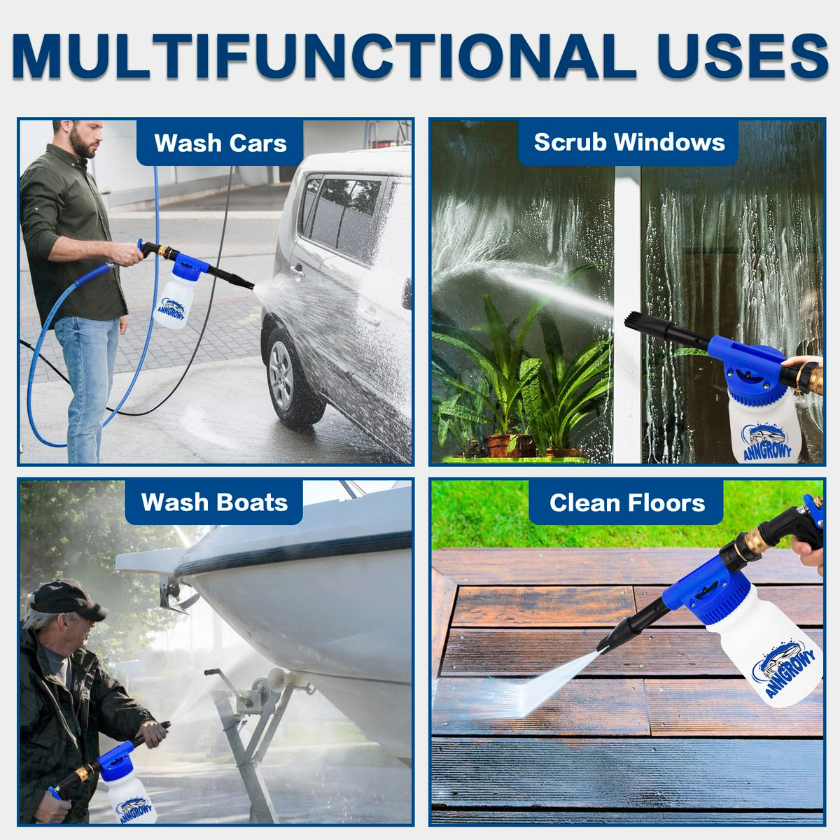 anngrowy foam gun spraying rich suds on car showing faster, safer cleaning