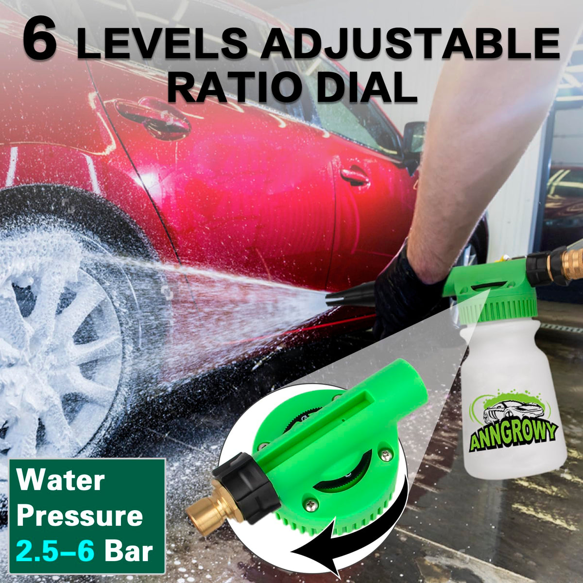 anngrowy spraying thick foam onto vehicle, demonstrating safe gentle cleaning