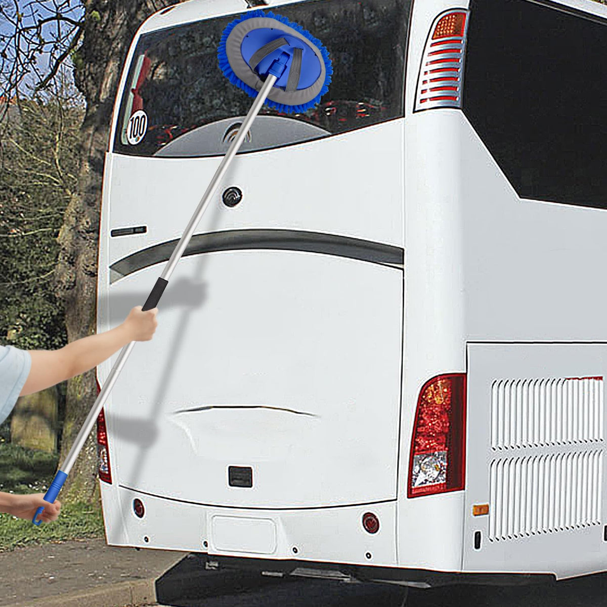 anngrowy extended long handle at full length reaching a truck roof for safer washing