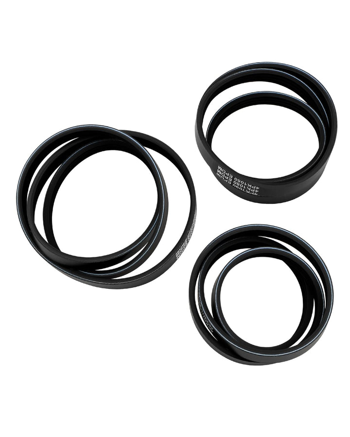 ANODZU front view of three-belt kit showing included 4PK870 4PK1050 4PK1070 and benefits of correct fit