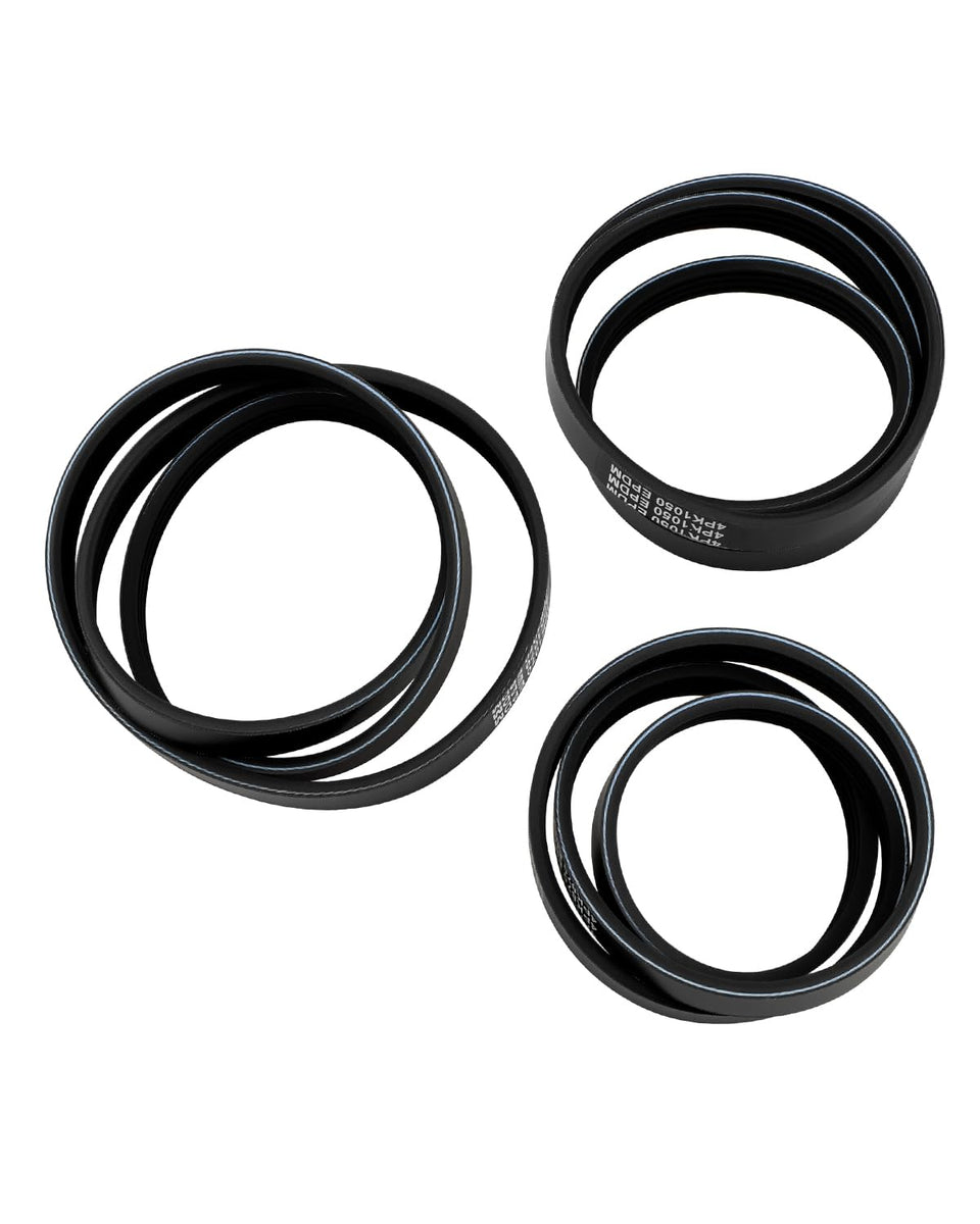 ANODZU front view of three-belt kit showing included 4PK870 4PK1050 4PK1070 and benefits of correct fit