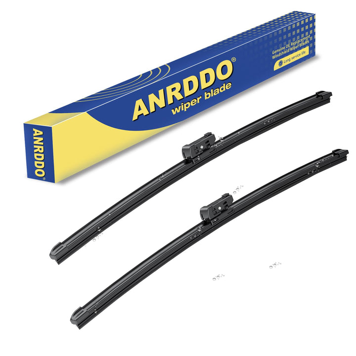 ANRDDO front wiper packaging for Tesla Model S showing driver and passenger blades and benefits