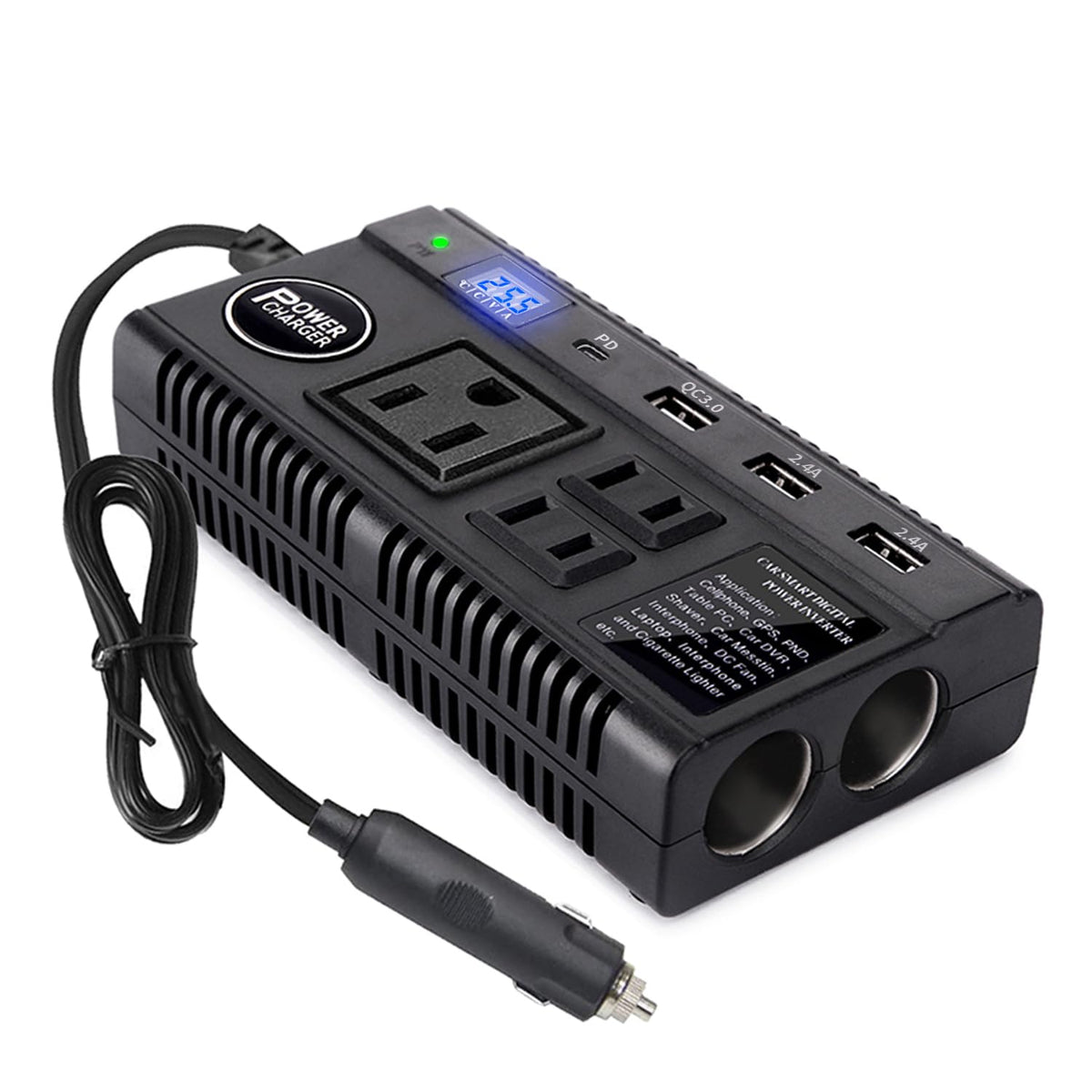 Ansee front panel showing three AC outlets and four USB ports for versatile charging